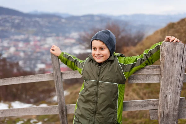 Little Boy Sitting Wooden Fence Countryside — Stock Photo, Image