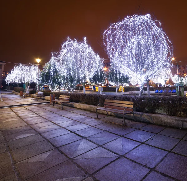 Cityscape Com Árvores Decoradas Com Belas Luzes Parque — Fotografia de Stock