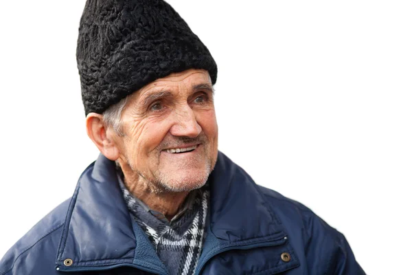 Closeup Portret Van Een Oude Man Met Zwarte Hoed Geïsoleerd — Stockfoto