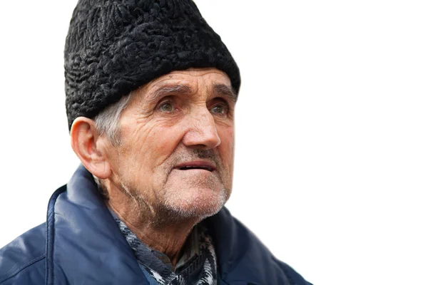 Portre Üzerinde Beyaz Izole Siyah Şapkalı Yaşlı Bir Adam Portresi — Stok fotoğraf