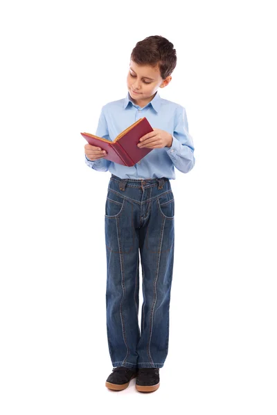 Schooljongen lezen van een boek — Stockfoto