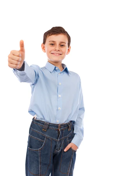 Leuke Schooljongen Maken Duimen Omhoog Teken Geïsoleerd Witte Achtergrond — Stockfoto