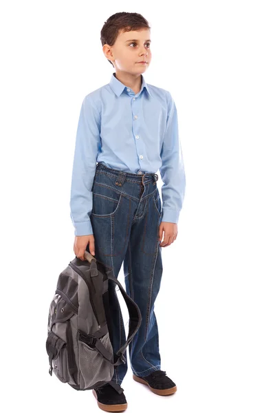 Portrait Cute Schoolboy Backpack Isolated White Background — Stock Photo, Image