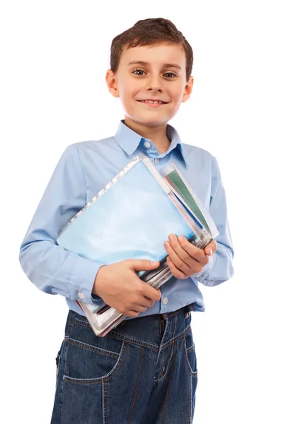 Portrait Schoolboy Holding Several Books Notebooks Stock Photo