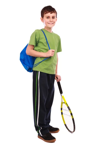 Portret Van Een Schattige Jongen Met Tennis Racket Geïsoleerd Witte — Stockfoto