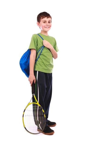 Porträt Eines Niedlichen Kindes Mit Tennisschläger Isoliert Auf Weißem Hintergrund — Stockfoto