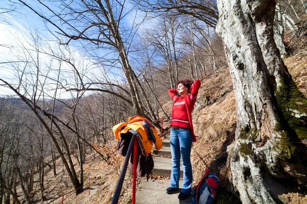 Joven Excursionista Bosque Tomando Descanso —  Fotos de Stock