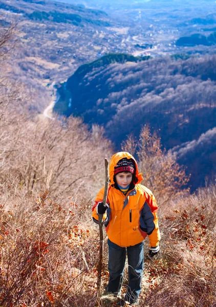 Μικρό Αγόρι Πεζοπορία Στα Βουνά Μια Ηλιόλουστη Ημέρα — Φωτογραφία Αρχείου
