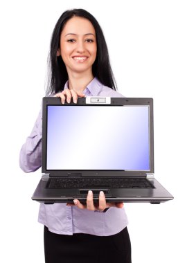 Lating businesswoman holding a laptop with copyspace on screen clipart