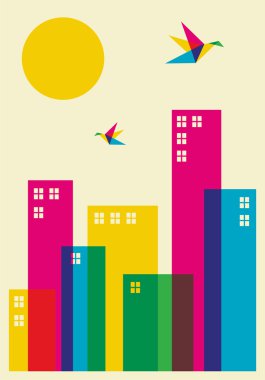 Spring time in the city. Full color humming birds flying over the city. Vector file available. clipart