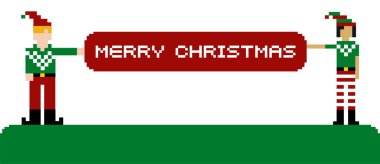 iki komik pixeled elfler merry xmas afiş tutarak