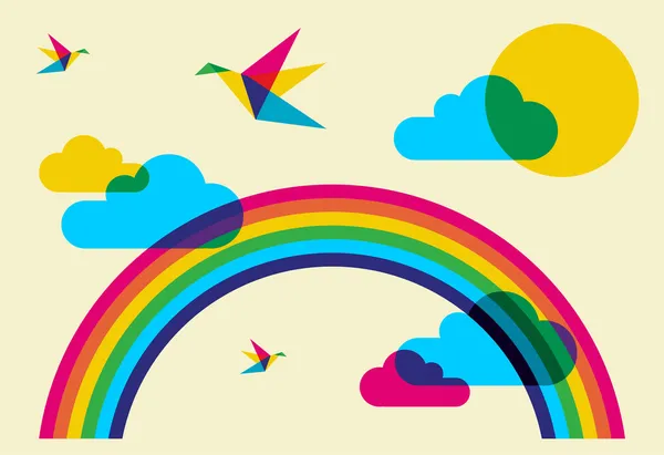 春時間 フルカラーハミング鳥 虹と雲 ベクトルファイルが利用可能 — ストックベクタ