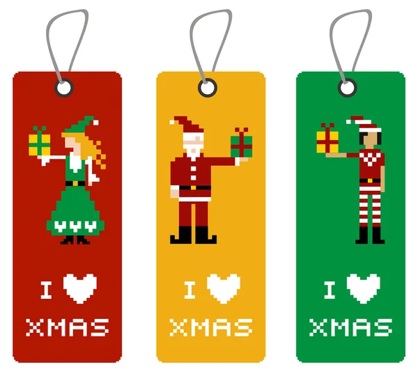 Xmas tag with pixel characters — Stock Vector