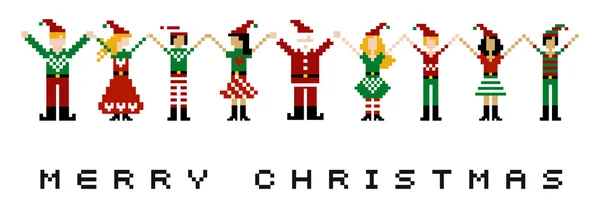 Grupo Personagens Xmas Pixelados Comemorando Natal —  Vetores de Stock