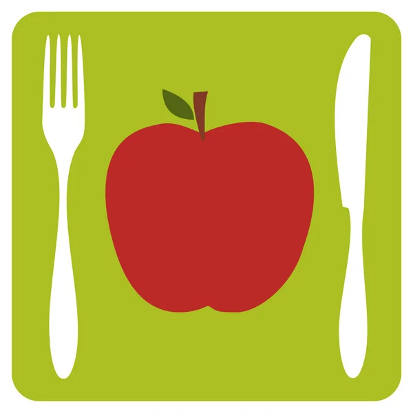 Menu Restaurace Ikona Jedno Červené Jablko Příbory Siluetami Citrónově Zeleném — Stockový vektor