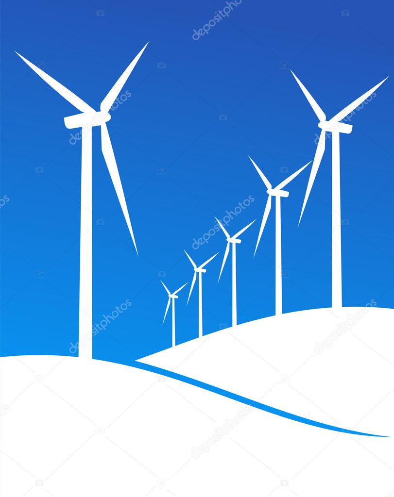 Group of Windmills white silhouettes on blue background. Vector available.