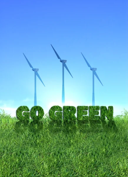 Texturiertes Green Schild Über Frischem Gras Windräder Über Blauem Himmel — Stockfoto