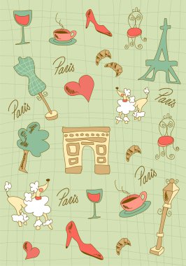 Hand made Paris icons on green background. Vector avaliable. clipart