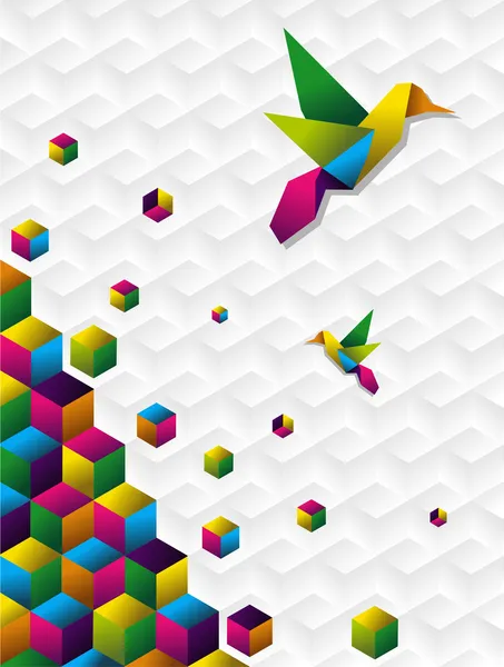 Deux Colibri Colorés Origami Silhoutte Avec Des Cubes Mouvement Sur — Image vectorielle