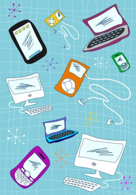 Handwriting technological devices icons set on blue background. Vector avaliable. clipart