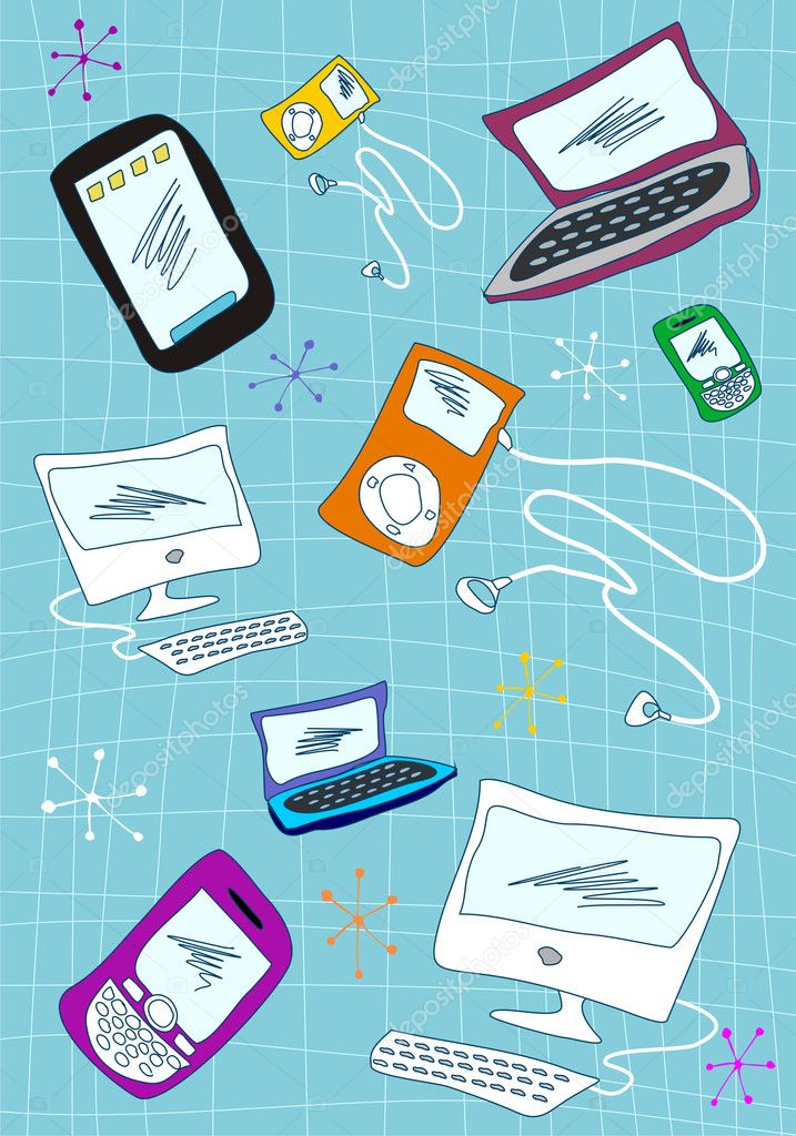 Handwriting technological devices icons set on blue background. Vector avaliable.