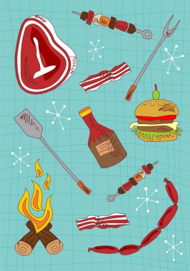 Cartoon barbecue icons set clipart
