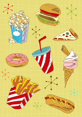 Cartoon style fast food icons set illustration. Vector avaliable. clipart