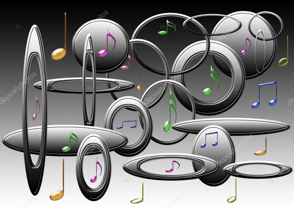 Colorful musical notes and circles on gray background