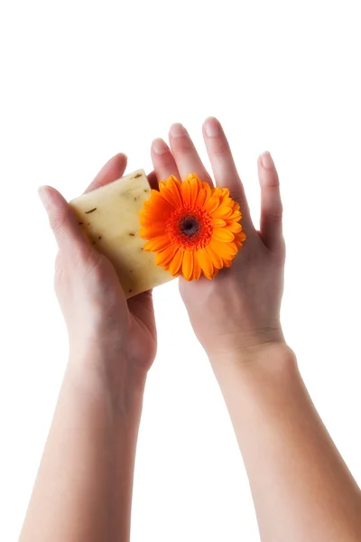 Female Hands Holding Flower Bar Soap — Stock Photo, Image