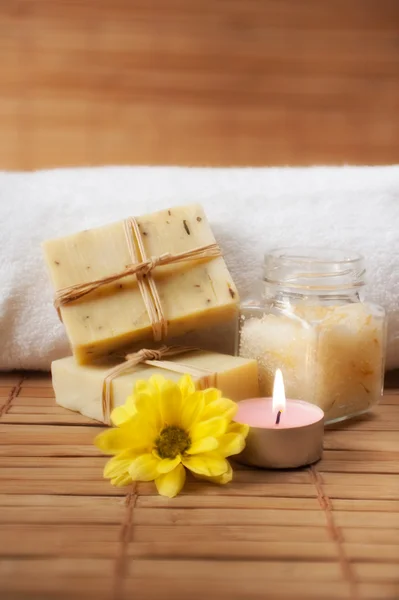 Peeling Cream, Candle and Natural Soap — Stock Photo, Image