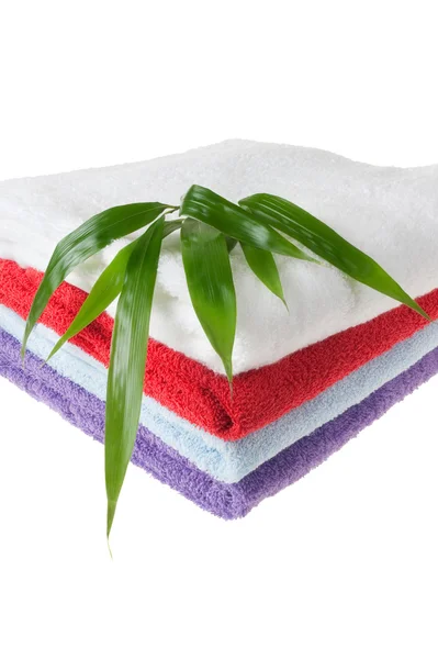 Colorful Towels Bamboo Leaves Isolated — Stock Photo, Image