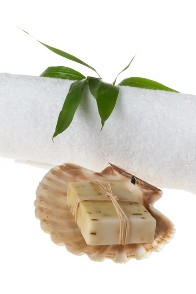 Witte zachte handdoek, ruwe zeep en shell — Stockfoto