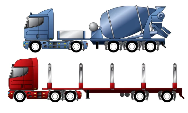 Camiones con mezclador y remolque de madera — Vector de stock