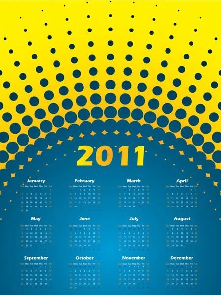 Календарь Halftone 2011 в голубом и желтом — стоковый вектор