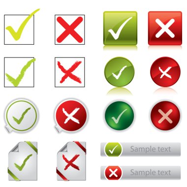 Tick and cross stickers, buttons, and symbol designs clipart