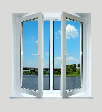 Open plastic window with a kind on the river clipart