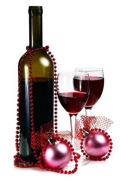 Garrafa com vinho tinto e decoração para o Natal — Fotografia de Stock