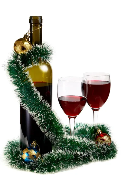 Flasche mit Rotwein und Dekoration für Weihnachten — Stockfoto