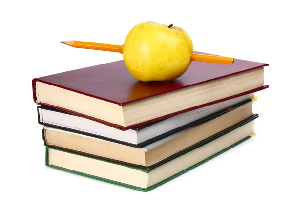 Książki są apple i ołówek — Zdjęcie stockowe