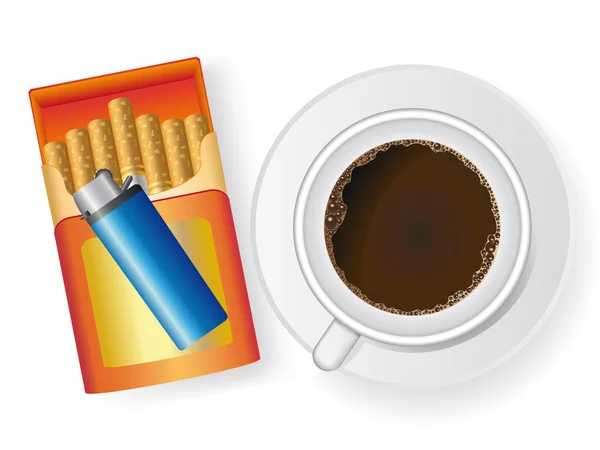 Cup of coffee and cigarette in box with a cigarette-lighter — Stock Vector