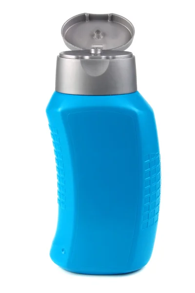 Modrá láhev za tím šampon — Stock fotografie