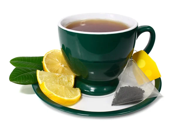 Tasse Tee Und Zitrone Isoliert Auf Weißem Hintergrund — Stockfoto