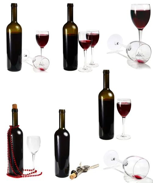 Μπουκάλι Κόκκινο Κρασί Και Ποτήρι Που Απομονώνονται Λευκό Φόντο — Φωτογραφία Αρχείου