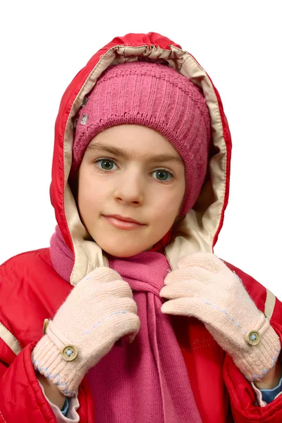 Menina Está Roupas Inverno Isolado Fundo Branco — Fotografia de Stock