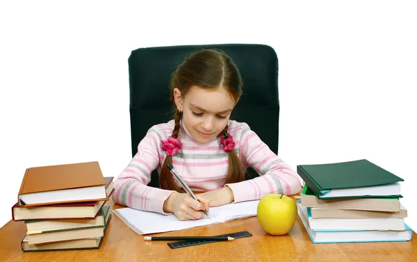 Girl Being Writing Table Books Isolated White Background — Stock Photo, Image