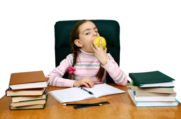 Girl Apple Being Writing Table Books Isolated White Background — Stock Photo, Image