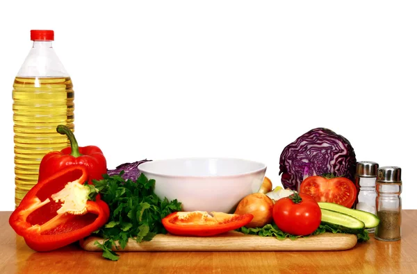 Sonnenblumenkernöl Und Gemüse Zur Zubereitung Von Salat — Stockfoto