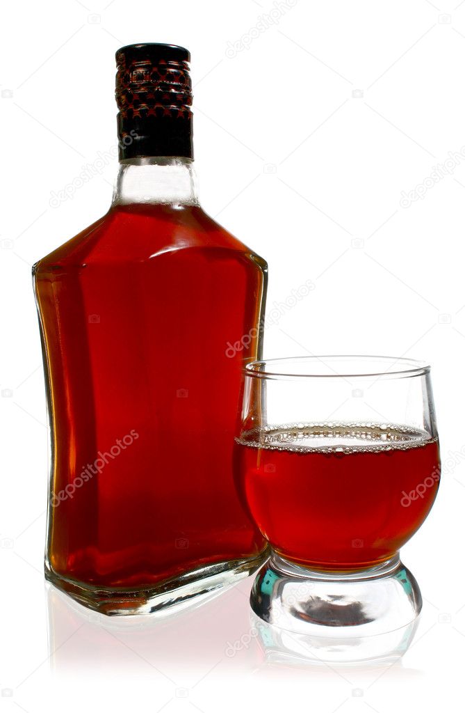 Alcohol drink is in a bottle and glass