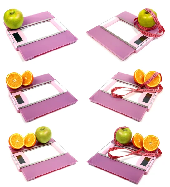 Váhy podlahové měření stuhou jablko a pomeranč — Stock fotografie
