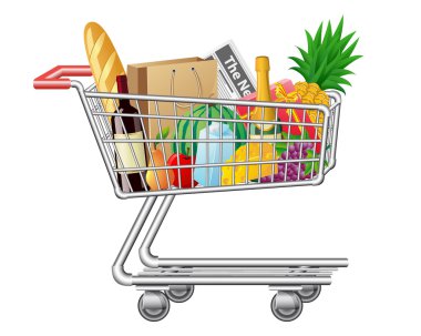 Shopping cart with purchases and foods clipart